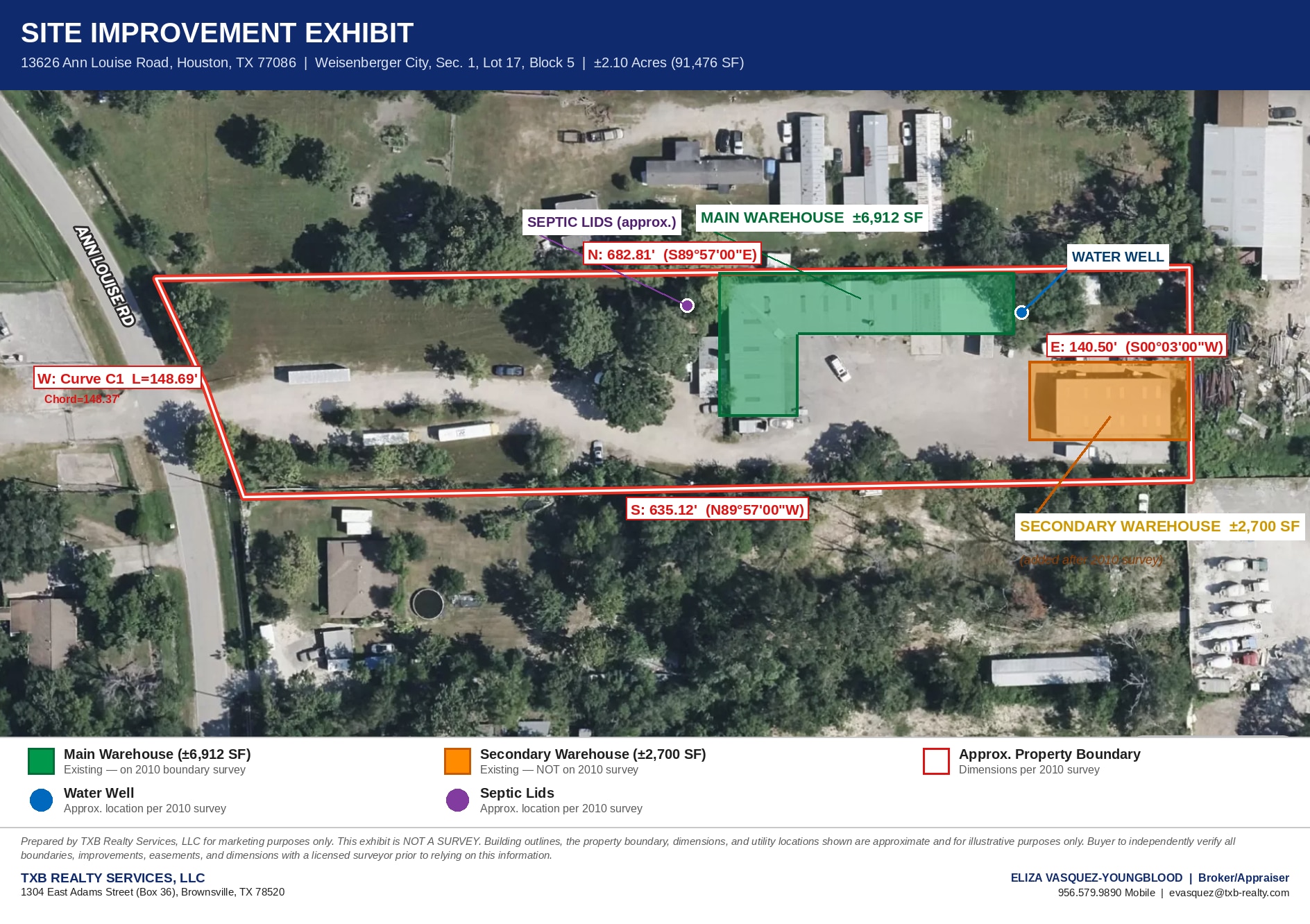 Site improvement exhibit showing the two warehouses and approximate property layout at 13626 Ann Louise Rd
