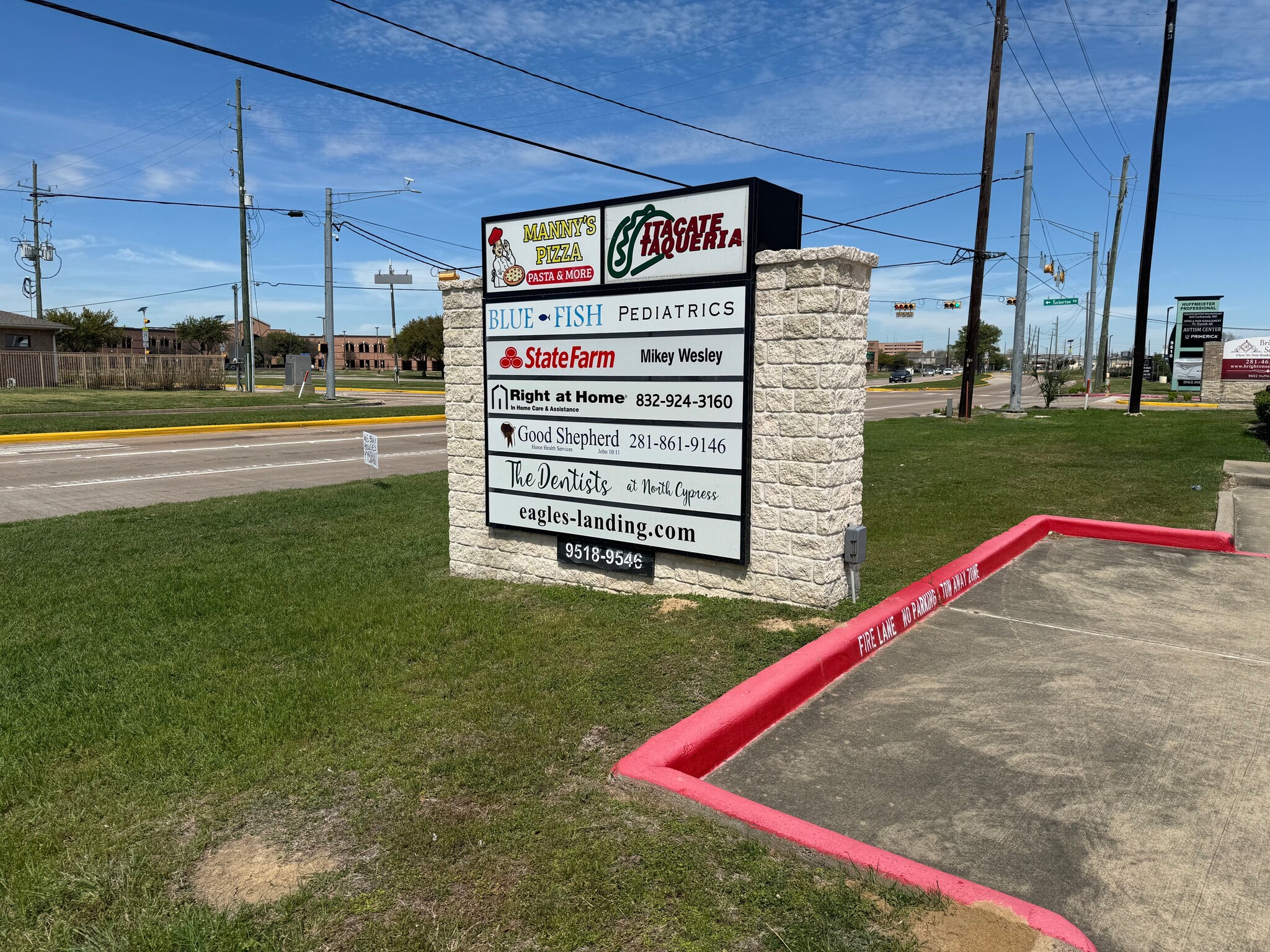 Roadside monument sign for Eagles Landing on Huffmeister Road