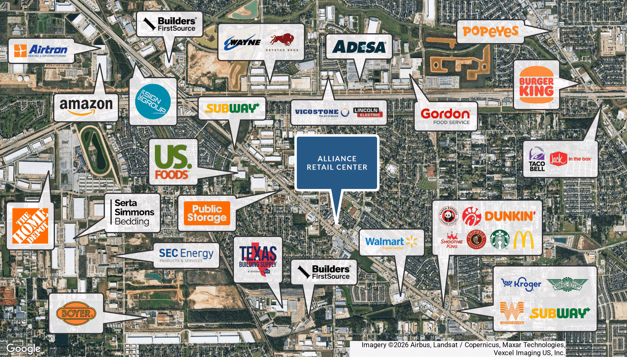 Aerial map showing retailers surrounding Alliance Retail Center in northwest Houston
