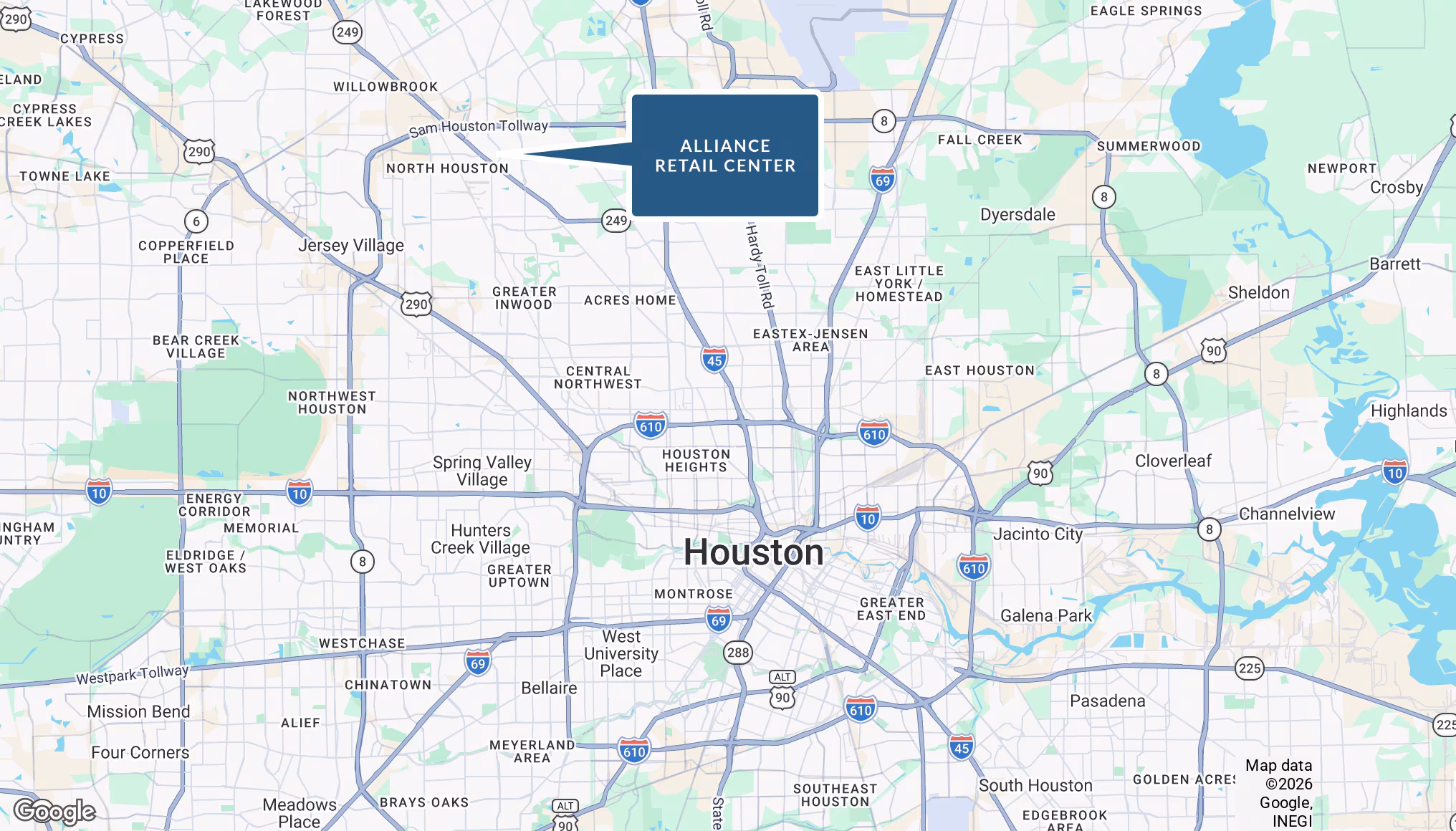 Houston-area location map for Alliance Retail Center on State Highway 249