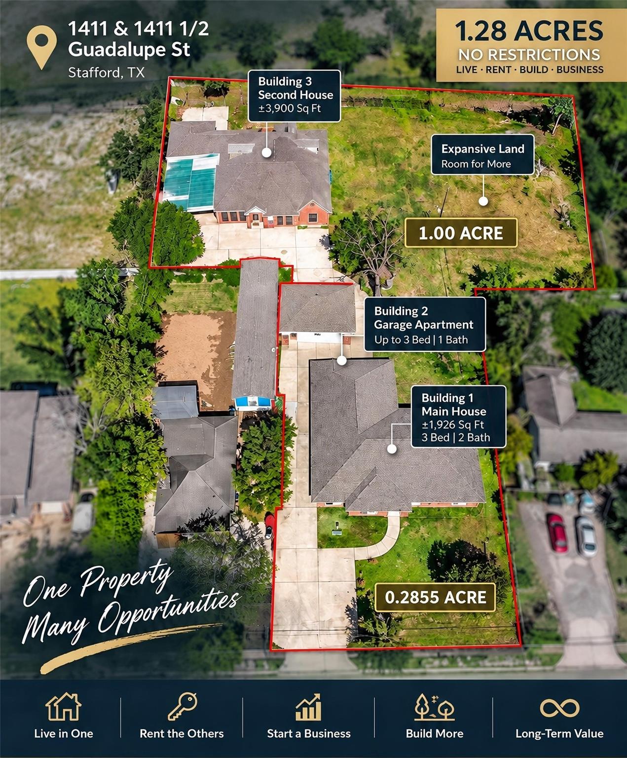 Aerial layout of the 1411 and 1411 1/2 Guadalupe St property