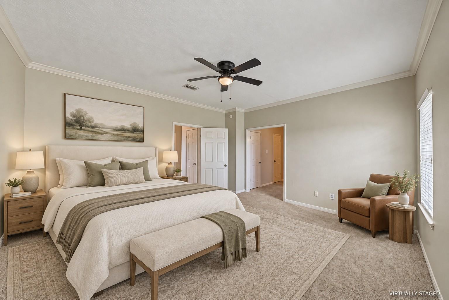 Virtually staged bedroom with multiple windows at 1411 Guadalupe St