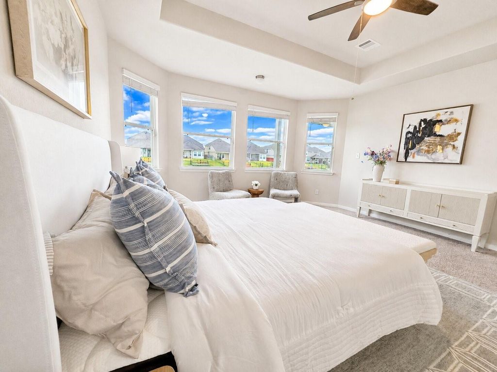 Primary bedroom with tray ceiling and multiple windows