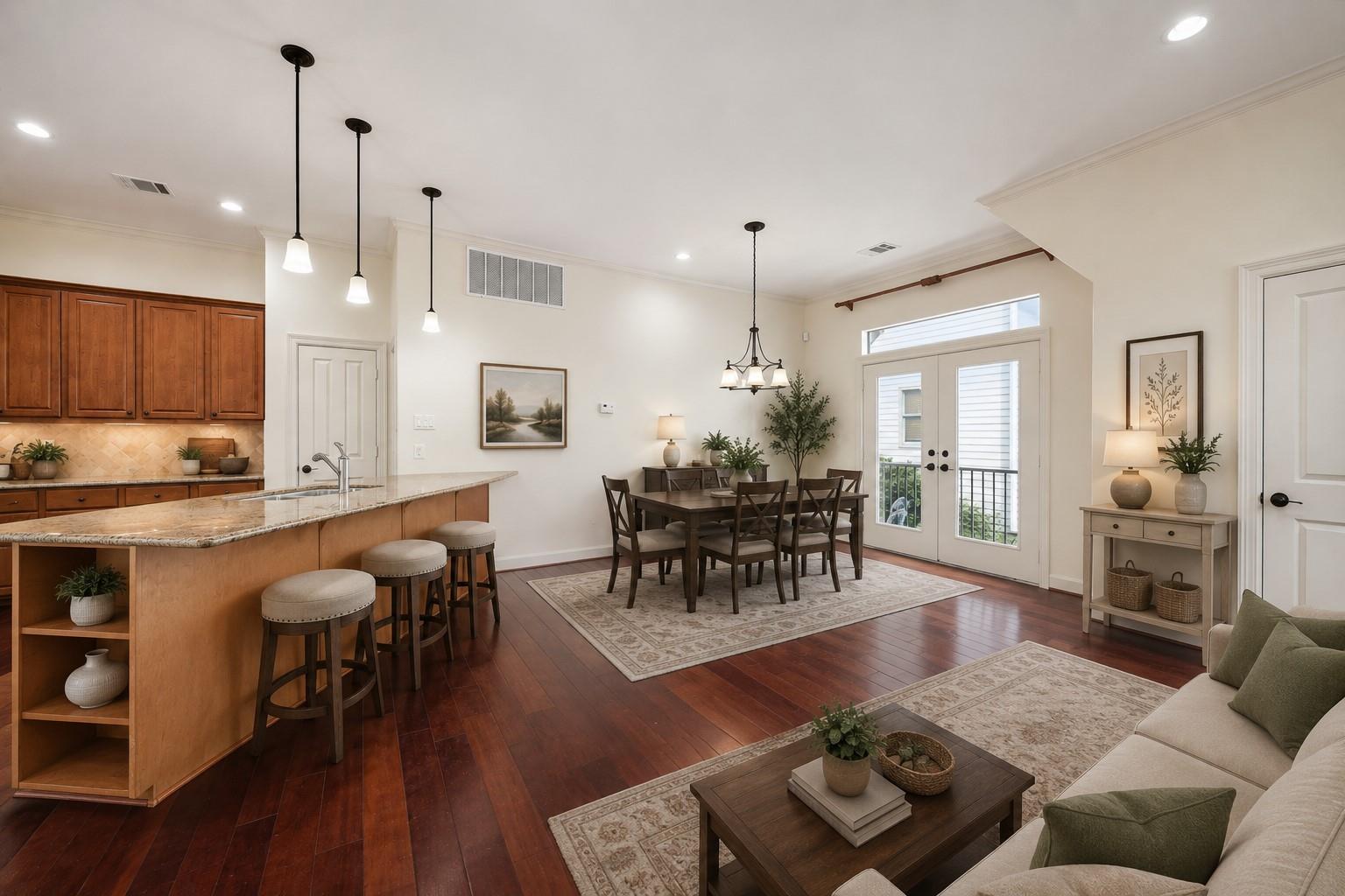 Virtually staged open living and dining area at 415 Tuam Street