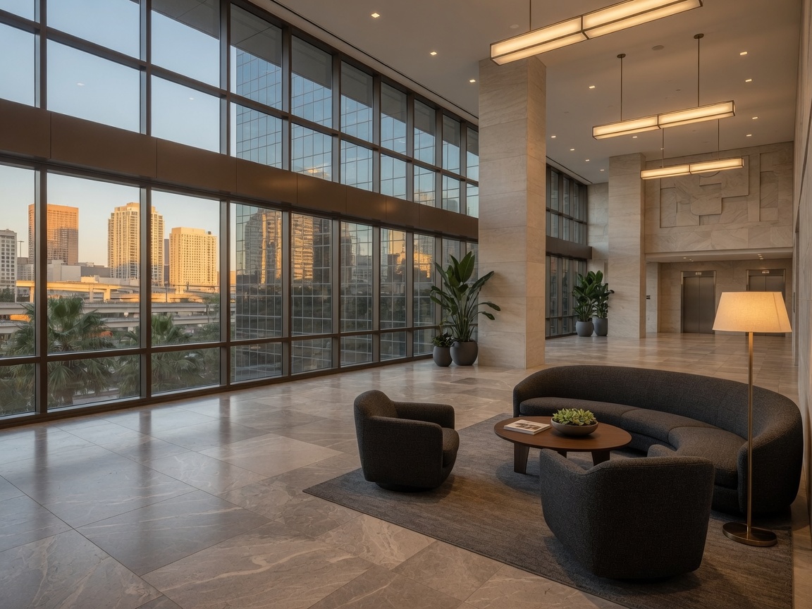 Quiet Houston Class A office lobby with glass curtain wall and stone floor.