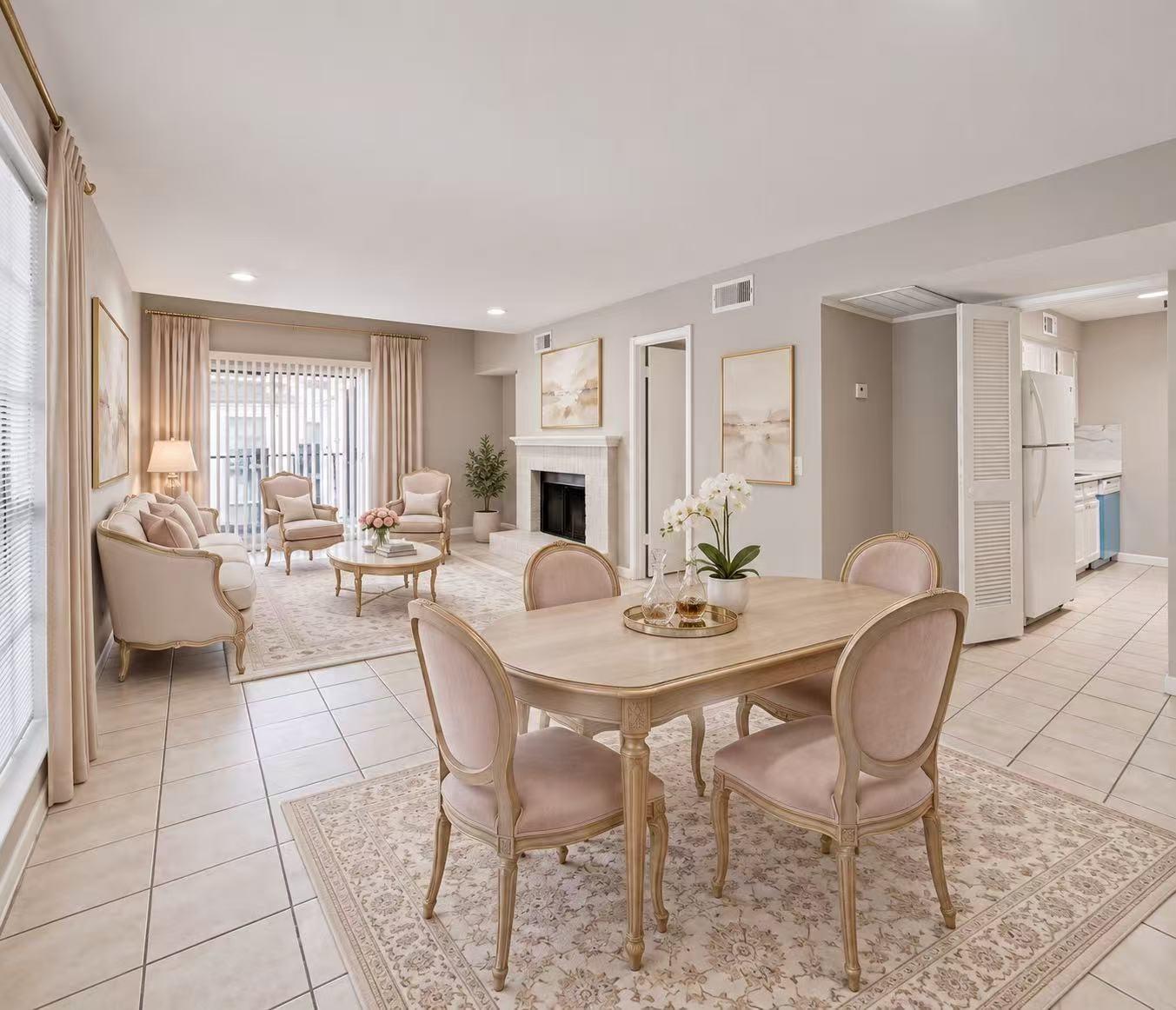 Living and dining area at 9809 Richmond Avenue Unit E14 shown with staging