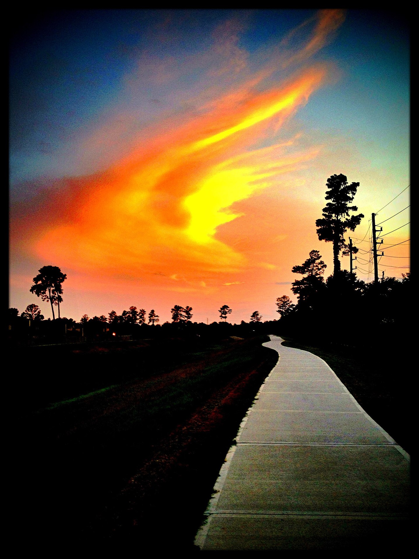 Walking path beside a Cypress neighborhood stormwater retention area at sunset / Cypress社区雨洪调蓄区旁步道晚霞实景