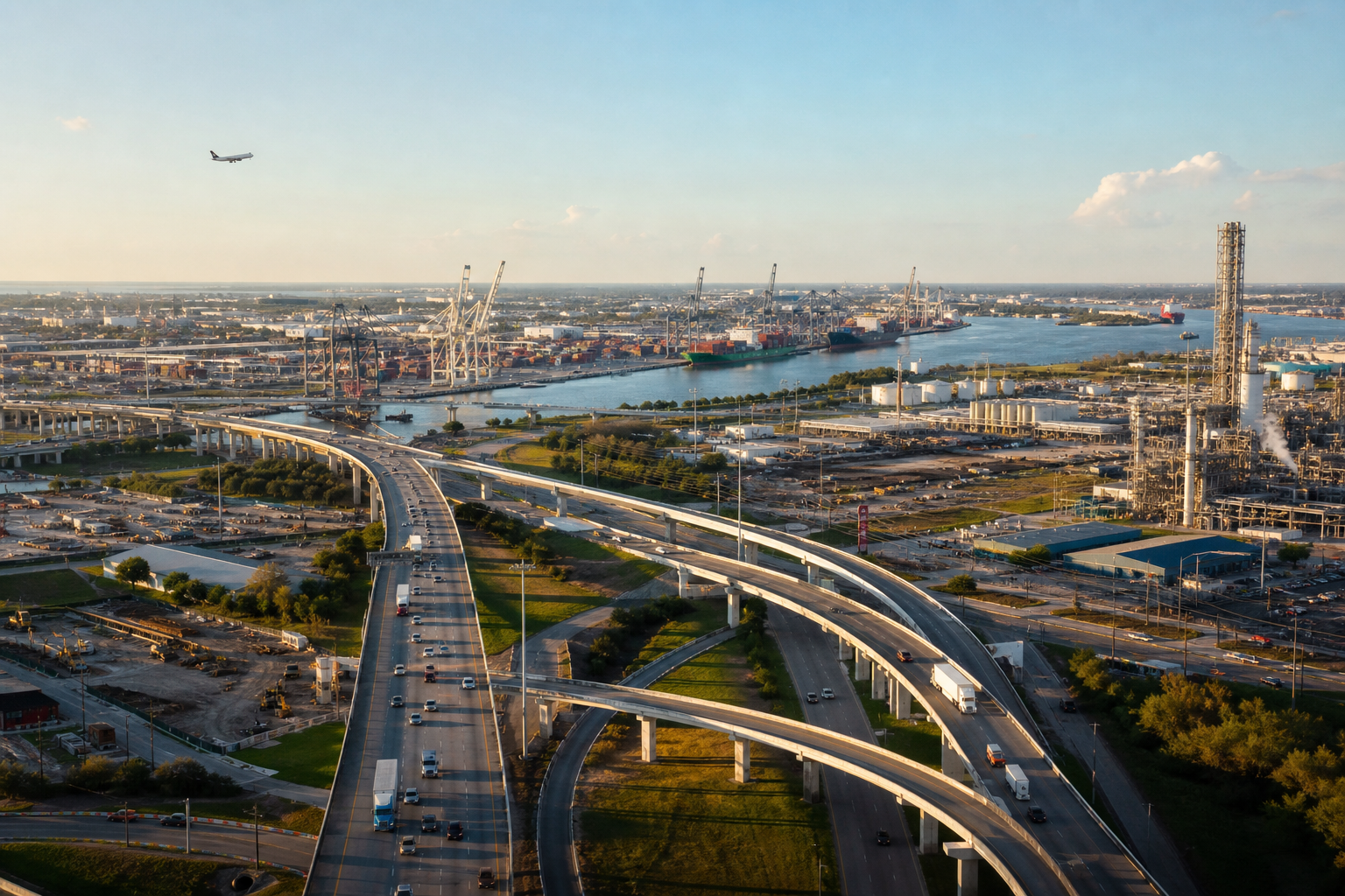 高速公路、Houston Ship Channel港口设施与航空共同构成的休斯顿交通和产业体系。