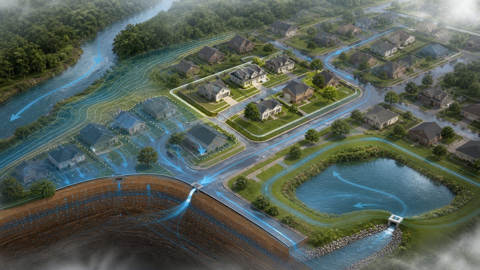 住宅社区地块高程、道路排水、Bayou与蓄洪池关系示意 / Parcel elevation, street drainage, bayou and detention pond relationships