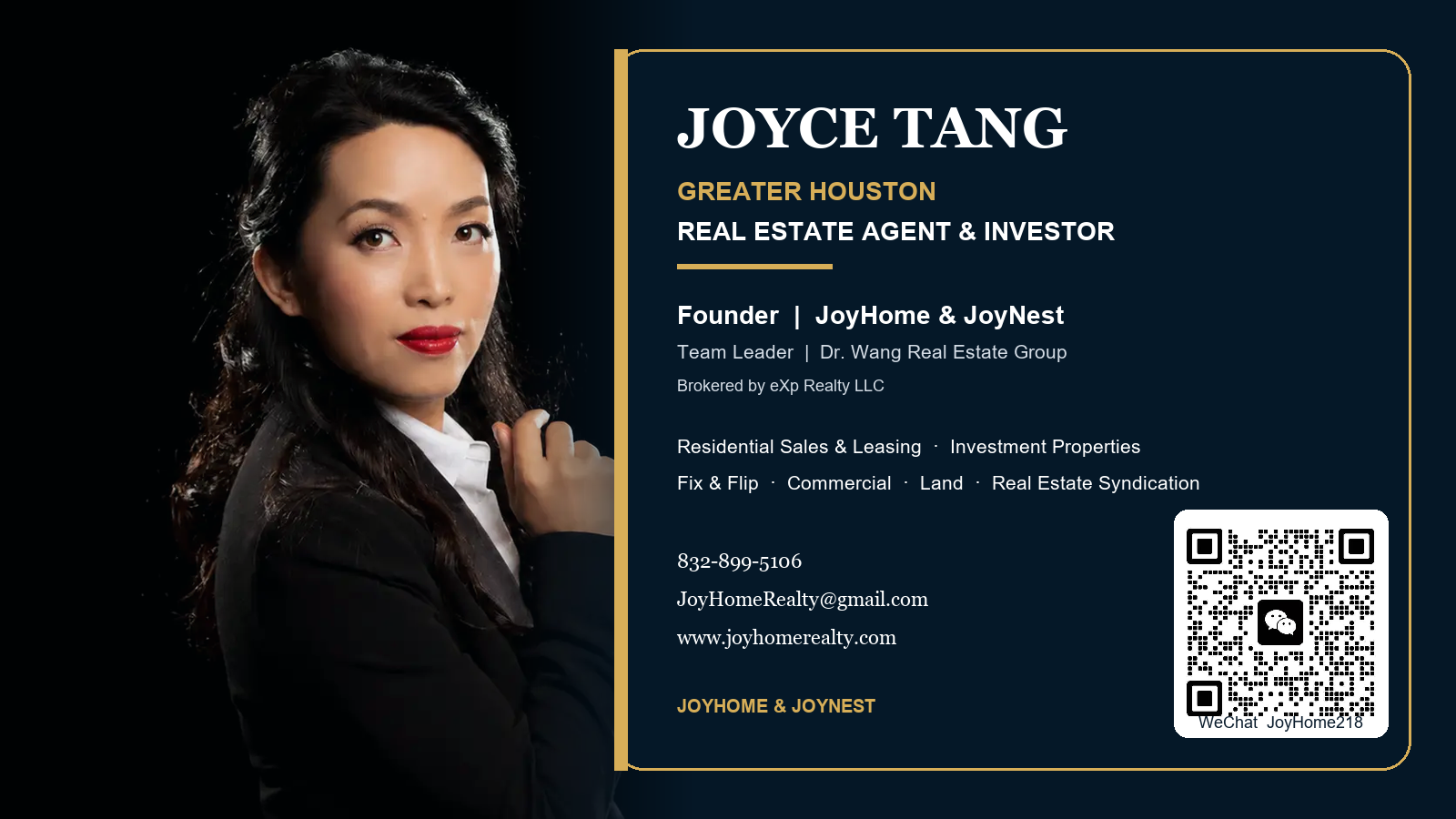 Joyce Tang, Greater Houston real estate agent and investor, with services, contact details and WeChat QR code