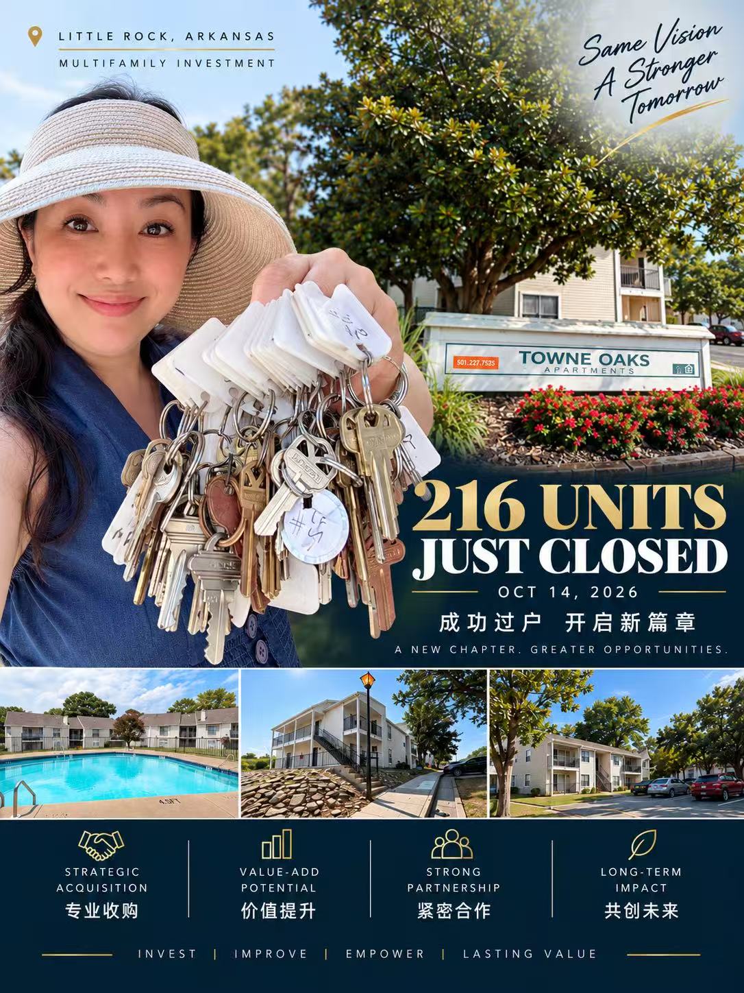 Joyce Tang holding keys after the 216-unit Towne Oaks Apartments closing on October 14, 2026 / Joyce Tang 在2026年10月14日完成216户 Towne Oaks Apartments 交割后手持钥匙
