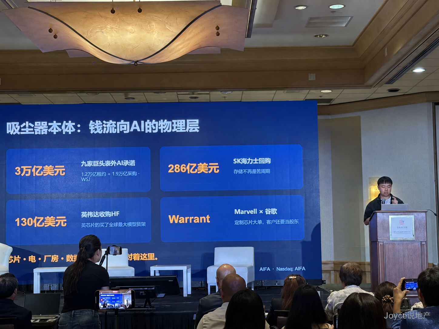 李尚龙演讲PPT讲解AI资金流向芯片、电力、厂房和数据中心等物理层,右下角带“Joyce说地产”暗标