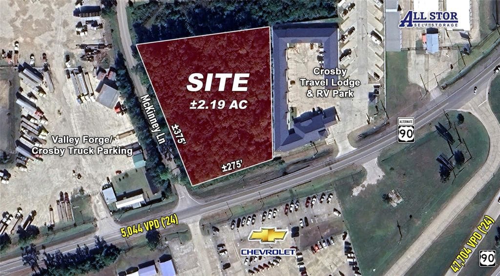 Aerial site outline for 1921 Highway 90 at McKinney Lane in Crosby | 1921 Highway 90与McKinney Lane转角地块航拍示意
