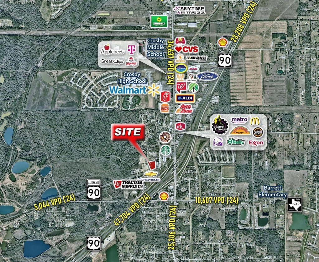 Crosby commercial corridor map showing the location of 1921 Highway 90 | Crosby商业走廊及1921 Highway 90区位示意