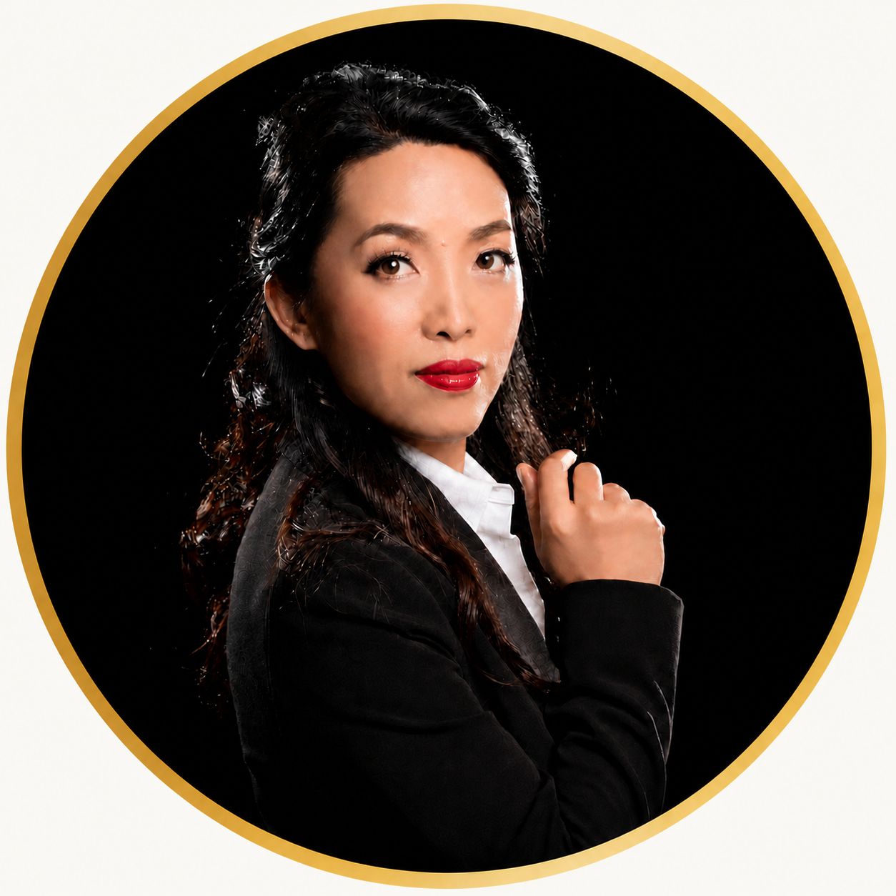 Circular portrait of Joyce Tang with a gold border