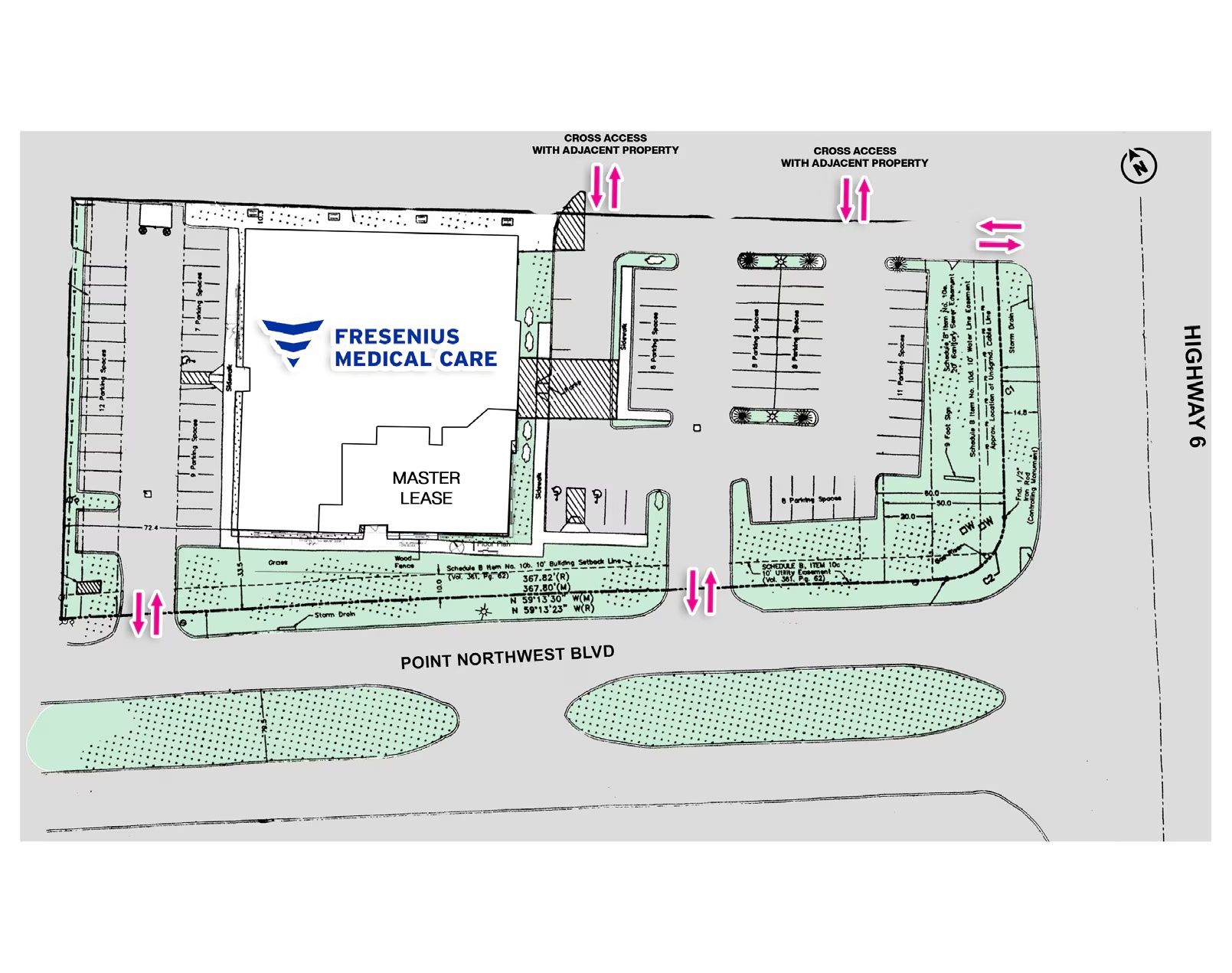 Site plan showing the Fresenius space, master lease area, parking and Highway 6 frontage