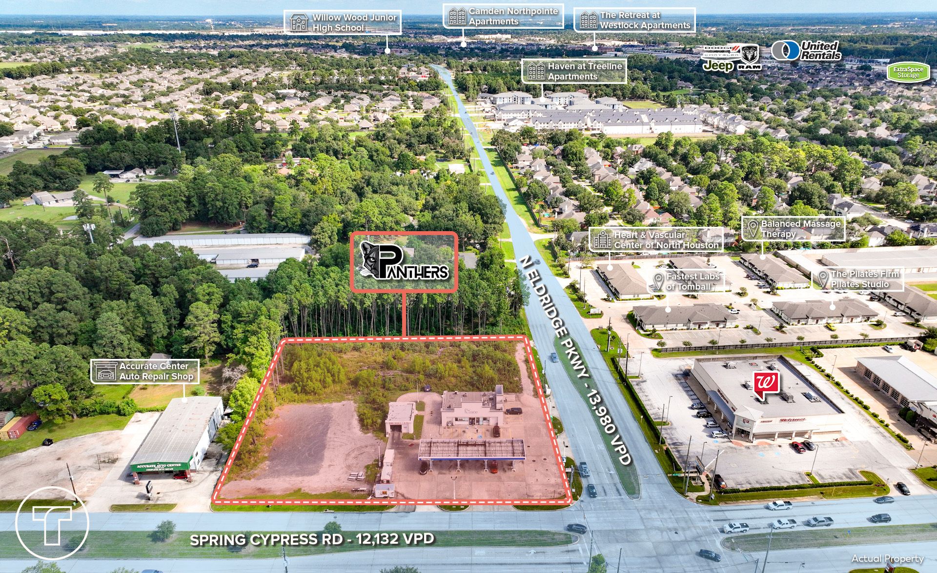 Aerial property outline with nearby apartments, schools, retail and North Eldridge Parkway | 地块边界及North Eldridge Parkway周边公寓、学校和商业航拍