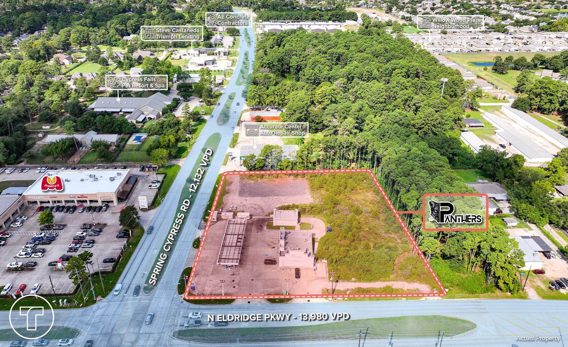 Outlined 2.12-acre Panthers Petroleum corner property at Spring Cypress Road and North Eldridge Parkway | Spring Cypress Road与North Eldridge Parkway转角约2.12英亩地块示意