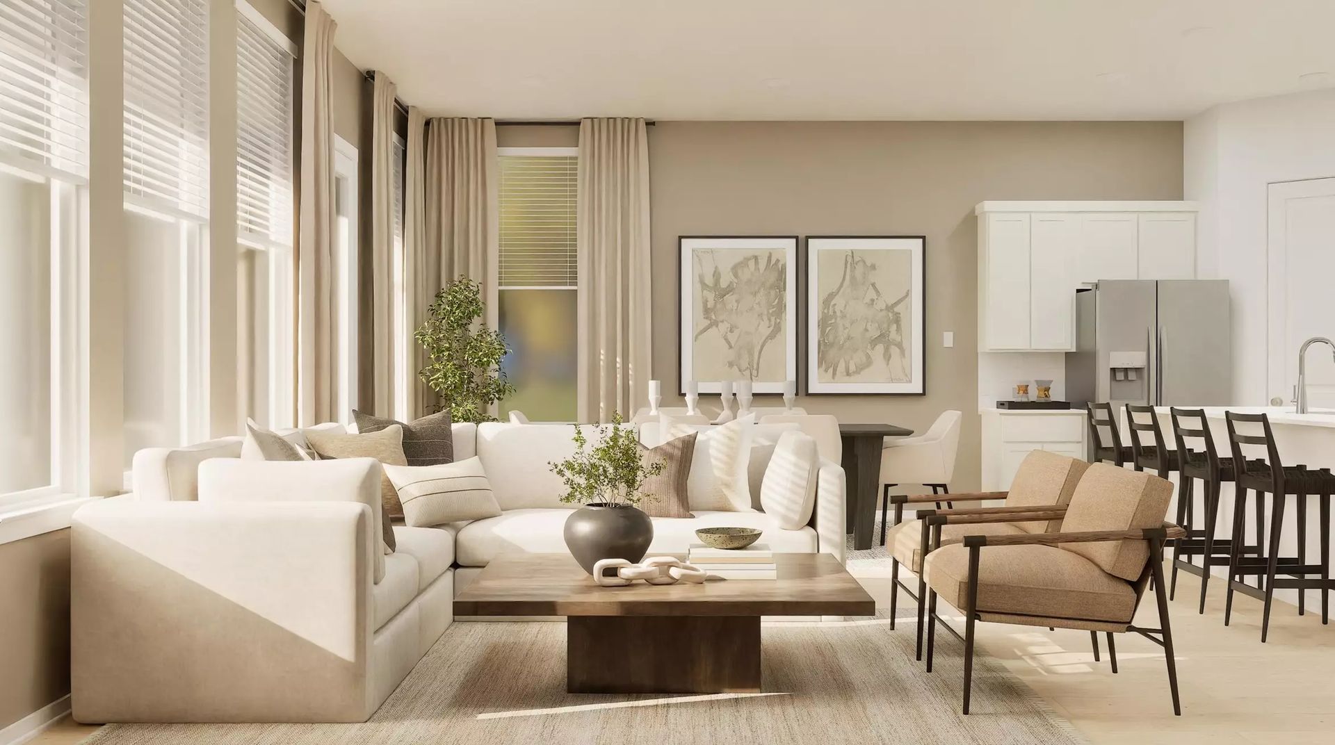 Builder rendering of the open living area and kitchen; illustrative image | 开放式客厅与厨房建商效果图,仅供示意