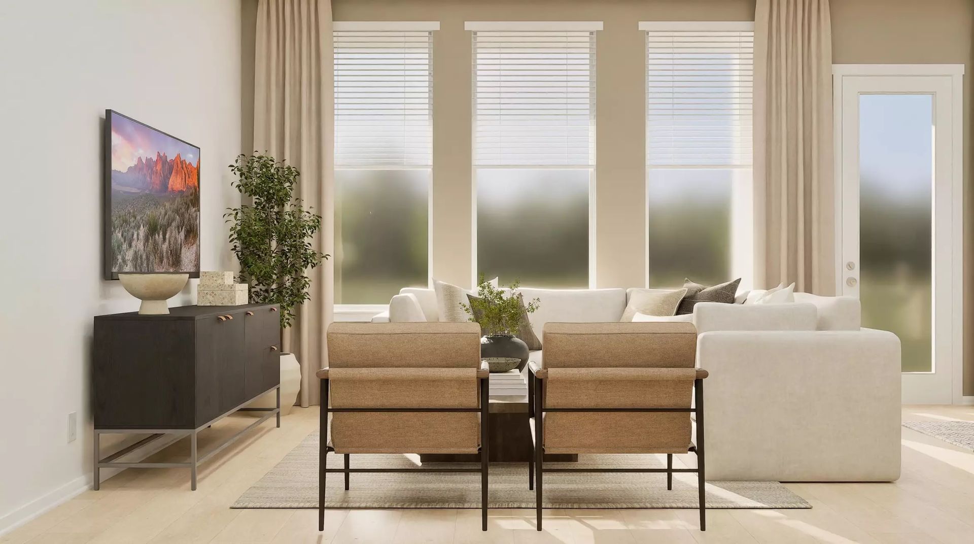 Builder rendering of the living room viewed from the kitchen; illustrative image | 从厨房看向客厅的建商效果图,仅供示意