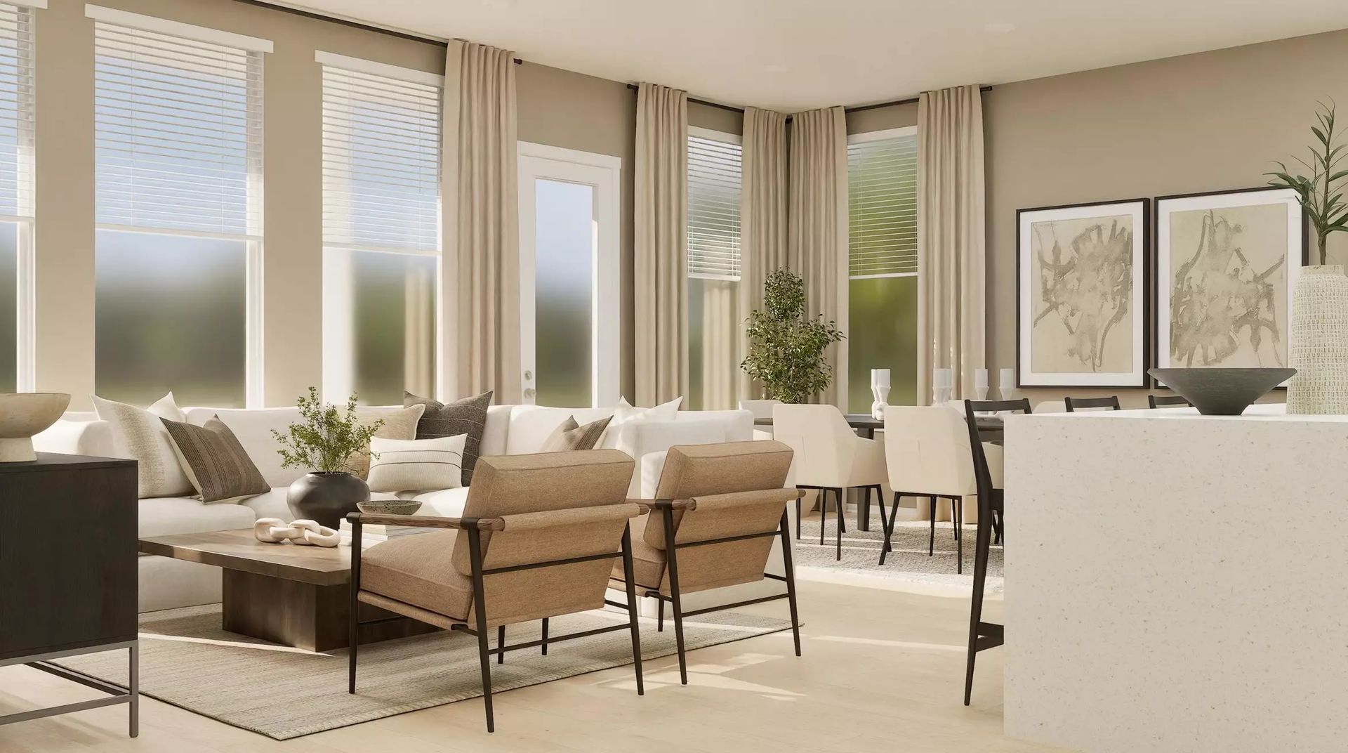 Builder rendering of the connected living and dining spaces; illustrative image | 客厅与餐厅相连的建商效果图，仅供示意