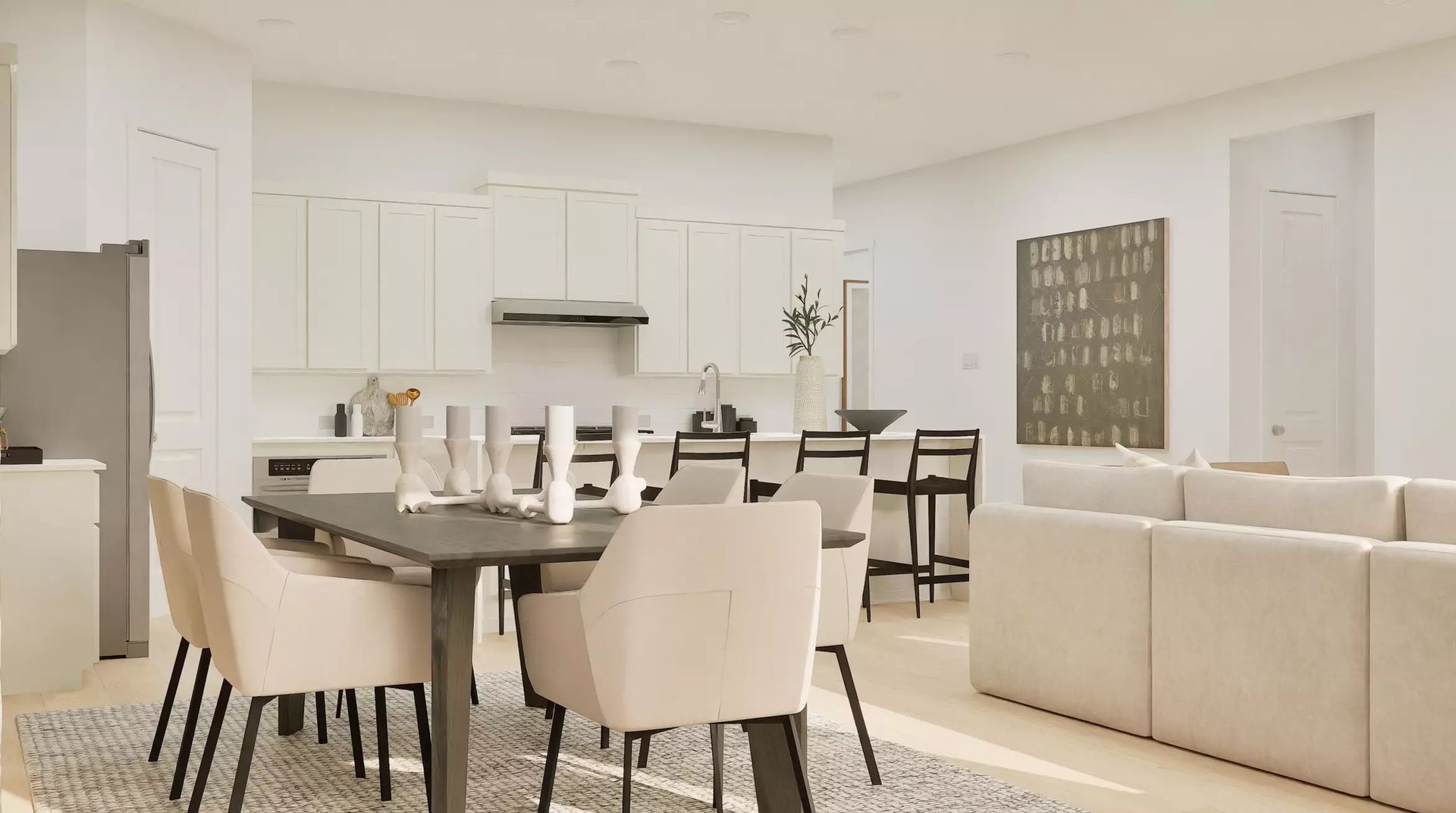 Builder rendering of the kitchen and dining layout; illustrative image | 厨房与餐厅布局建商效果图，仅供示意