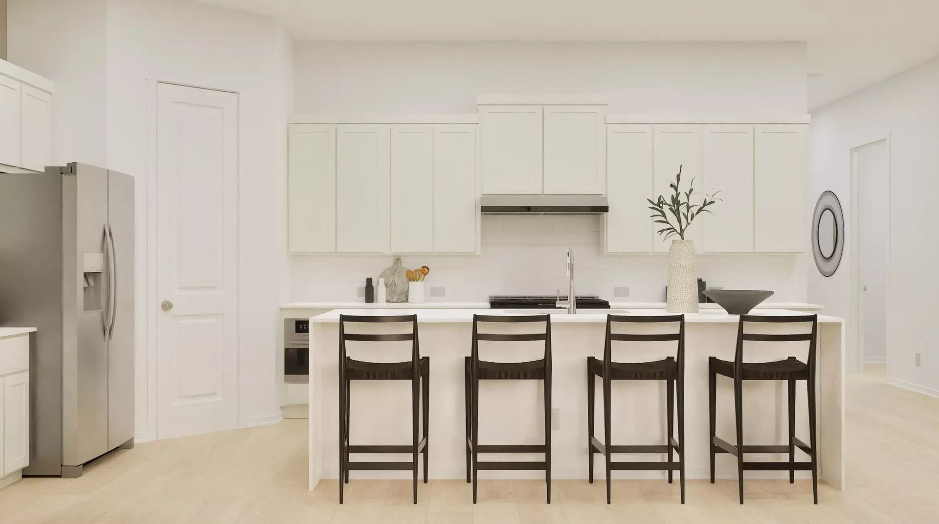 Builder rendering of the kitchen breakfast bar and pantry wall; illustrative image | 厨房早餐吧台和储藏区建商效果图，仅供示意