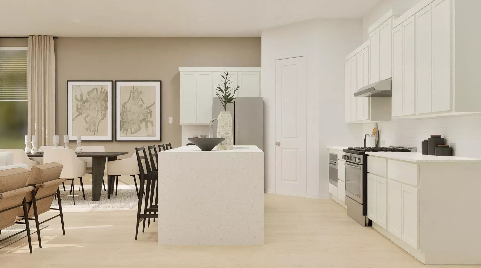 Builder rendering of the kitchen island and dining area; illustrative image | 厨房岛台和餐厅建商效果图,仅供示意