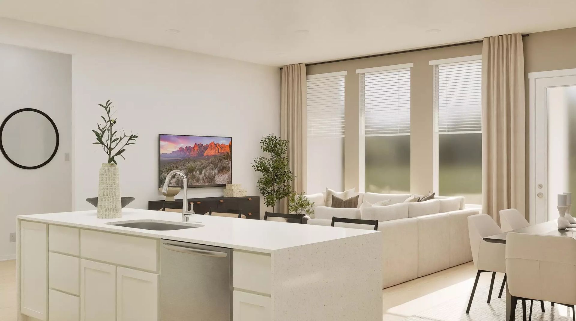 Builder rendering of the kitchen island facing the family room; illustrative image | 厨房岛台朝向家庭厅的建商效果图，仅供示意