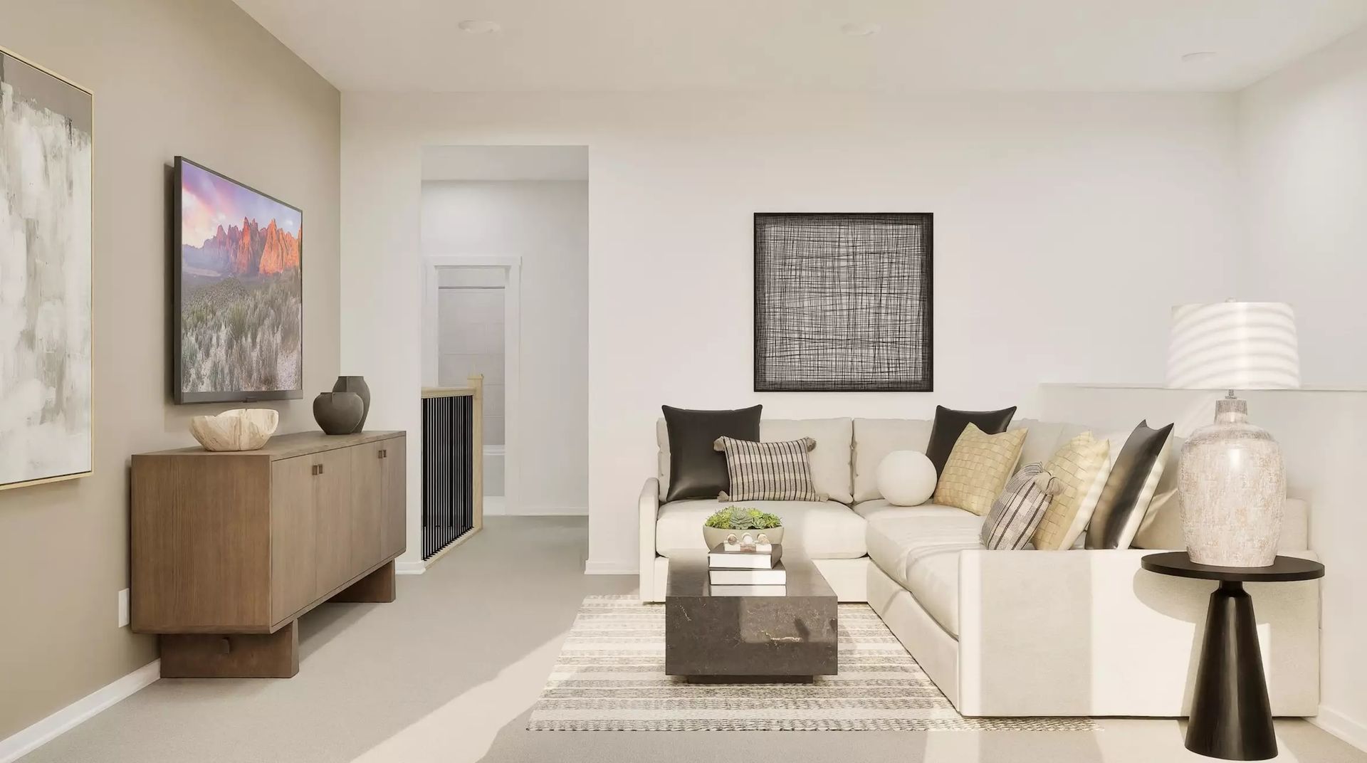 Second rendered view of the upstairs game room and hallway; illustrative image | 二楼游戏室和走廊另一视角效果图,仅供示意