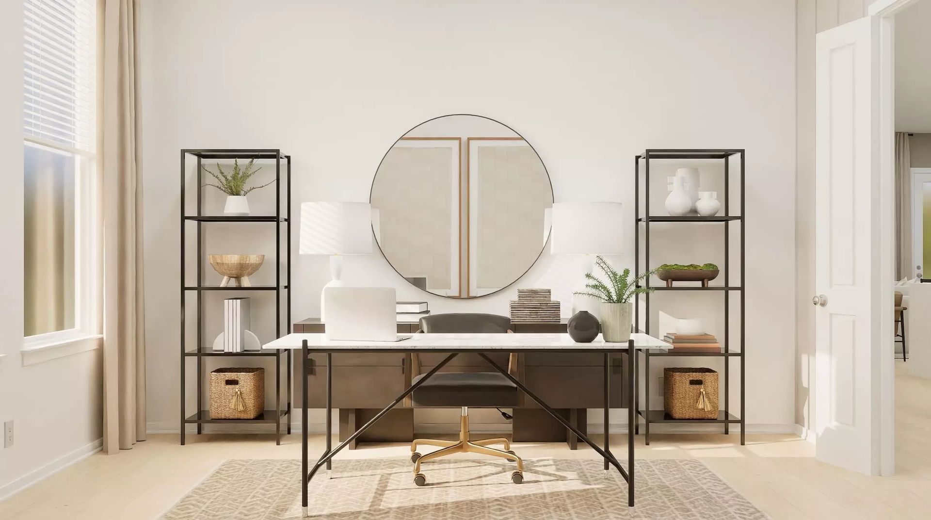 Virtually staged first-floor study with desk wall; illustrative image | 一楼书房虚拟布置效果图，仅供示意