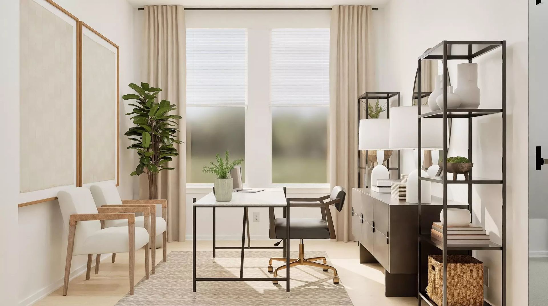 Second virtually staged view of the first-floor study; illustrative image | 一楼书房另一视角虚拟布置图，仅供示意