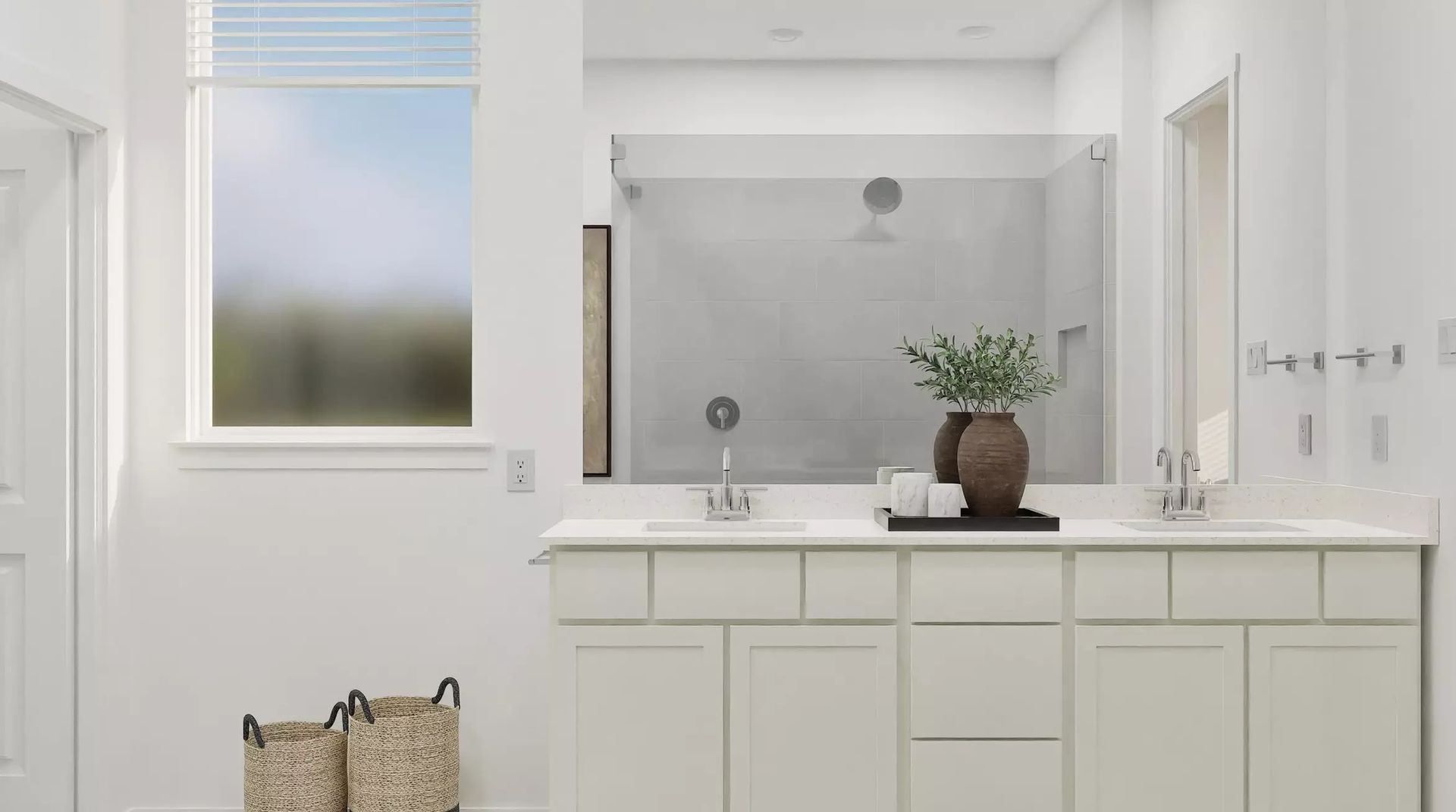 Builder rendering of the primary bathroom double vanity; illustrative image | 主卫双洗手台建商效果图，仅供示意