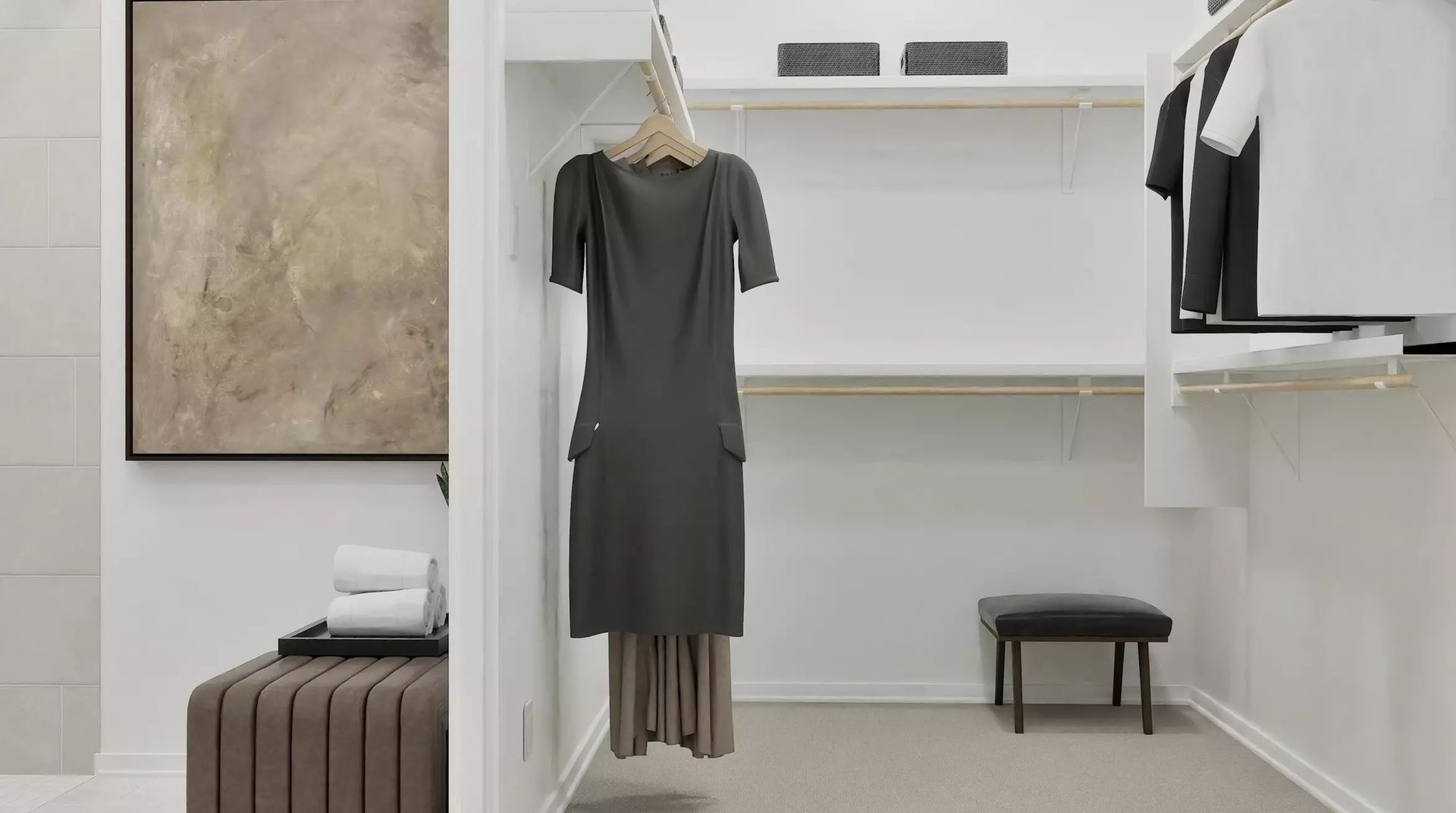 Builder rendering of the primary walk-in closet; illustrative image | 主卧步入式衣帽间建商效果图，仅供示意