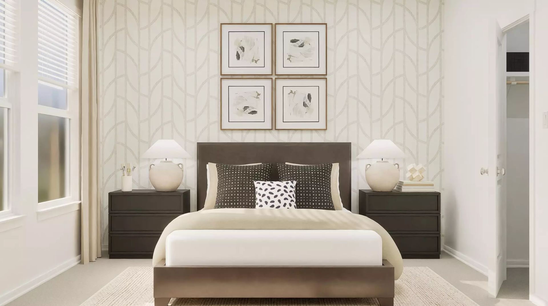 Virtually staged upstairs bedroom with patterned wall; illustrative image | 带图案墙面的楼上卧室虚拟布置图，仅供示意