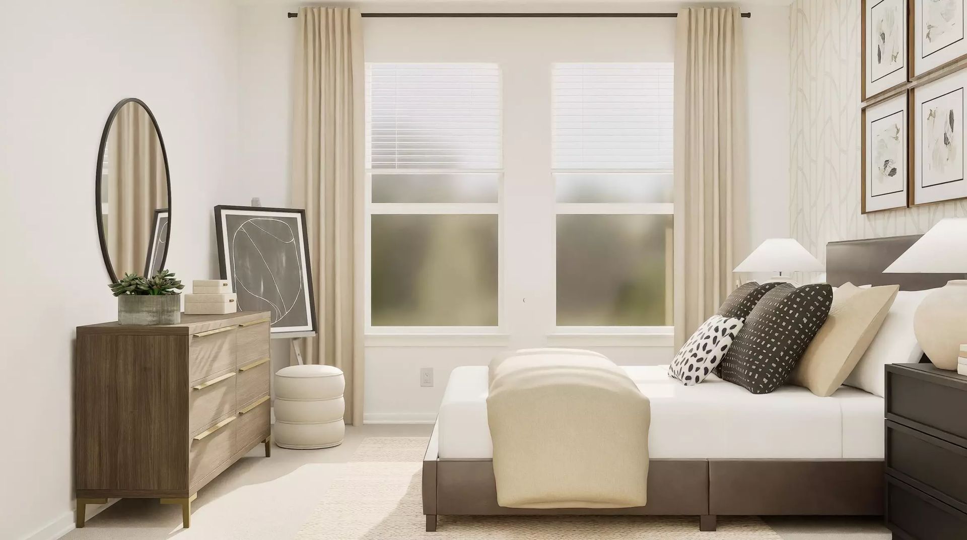 Second rendered view of the patterned-wall bedroom; illustrative image | 图案墙卧室另一视角效果图，仅供示意
