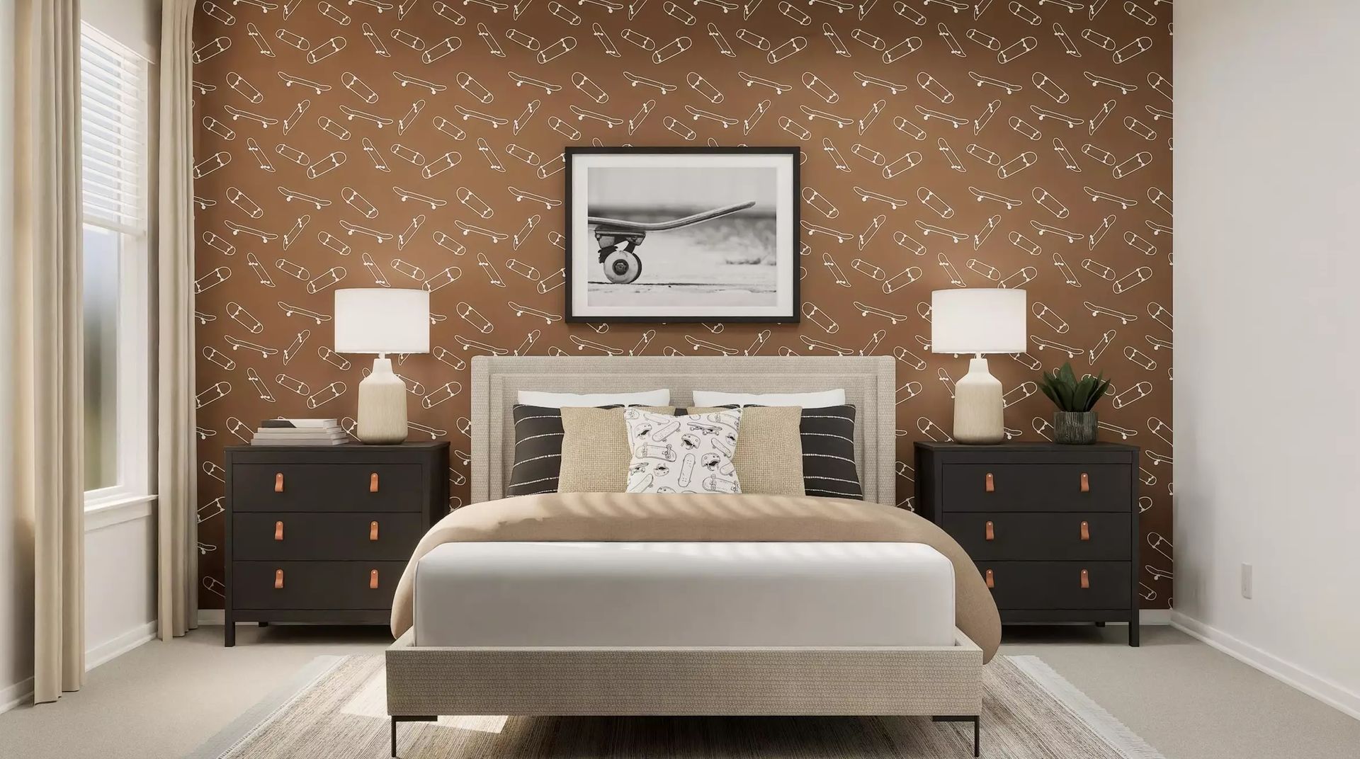 Virtually staged secondary bedroom with brown accent wall; illustrative image | 棕色装饰墙次卧虚拟布置效果图，仅供示意