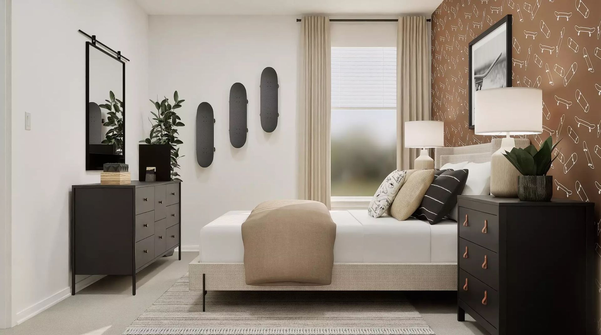 Second virtually staged view of the brown-accent bedroom; illustrative image | 棕色装饰墙卧室另一视角虚拟布置图,仅供示意