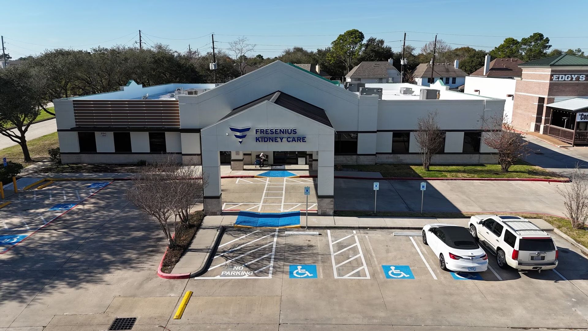 Elevated front view of the Fresenius Kidney Care entrance at Copper Grove Corner