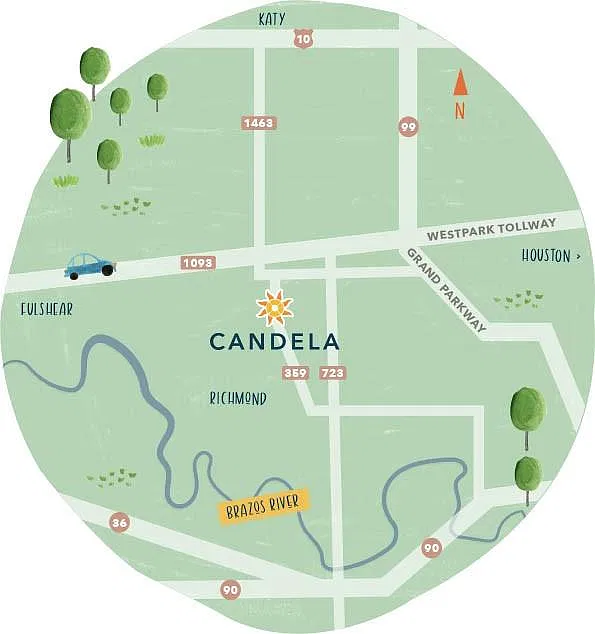 Illustrated Candela location map showing nearby regional roads | 显示周边主要道路的Candela位置示意图